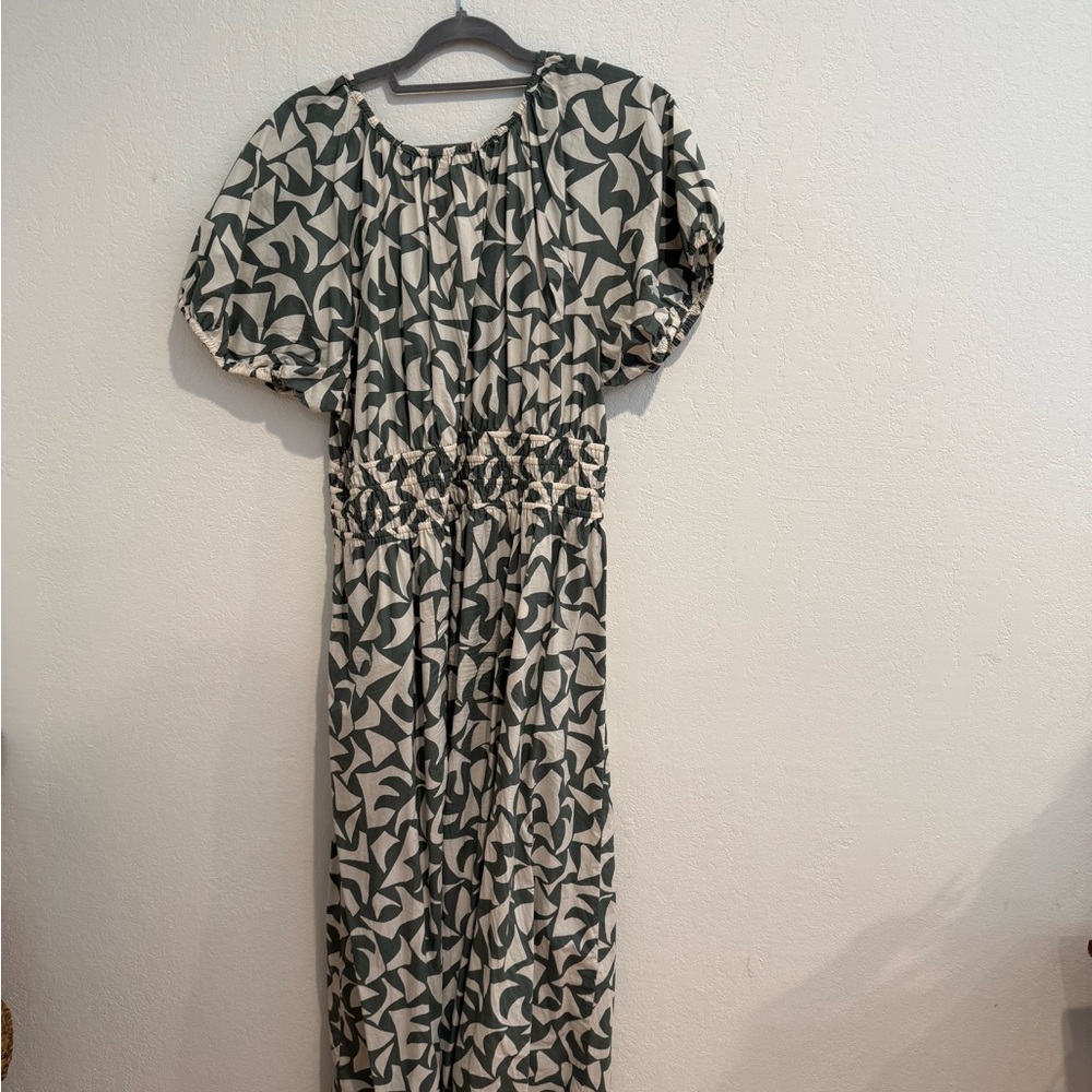 Marine Layer Green and Cream Abstract Puff-Sleeve Maxi Dress